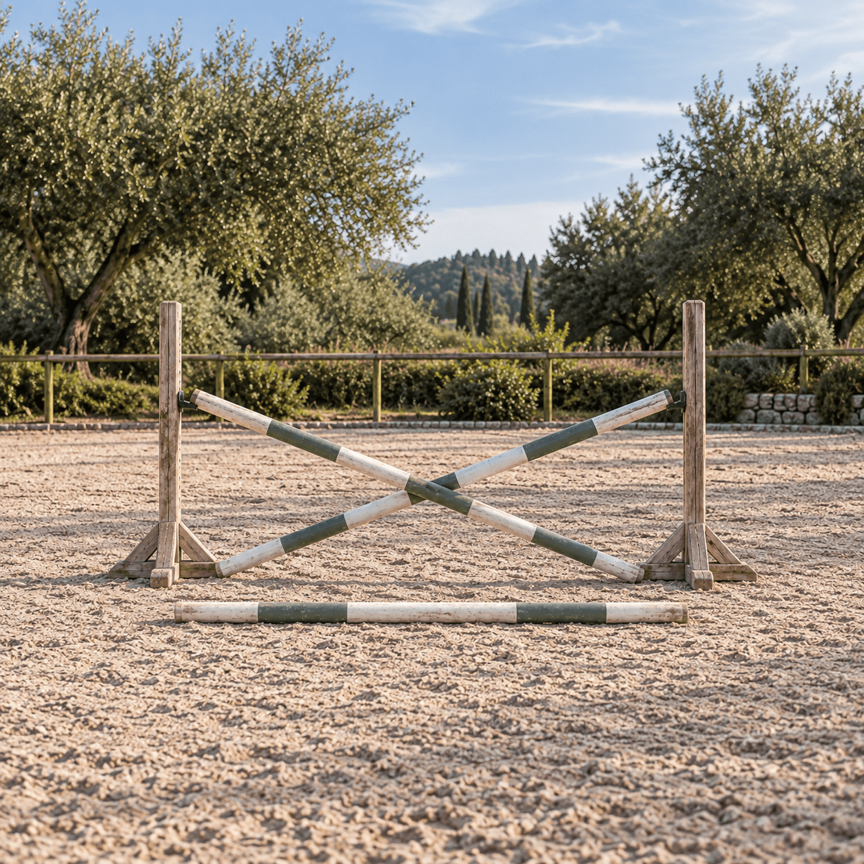 Two rails form a low cross between jump standards.