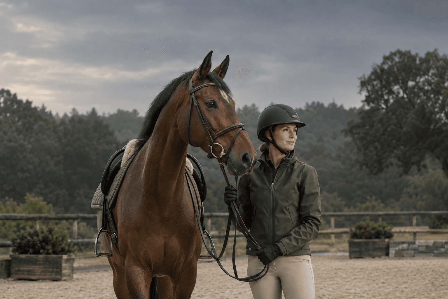 A helmeted rider and a bay horse, ready for an arena session.