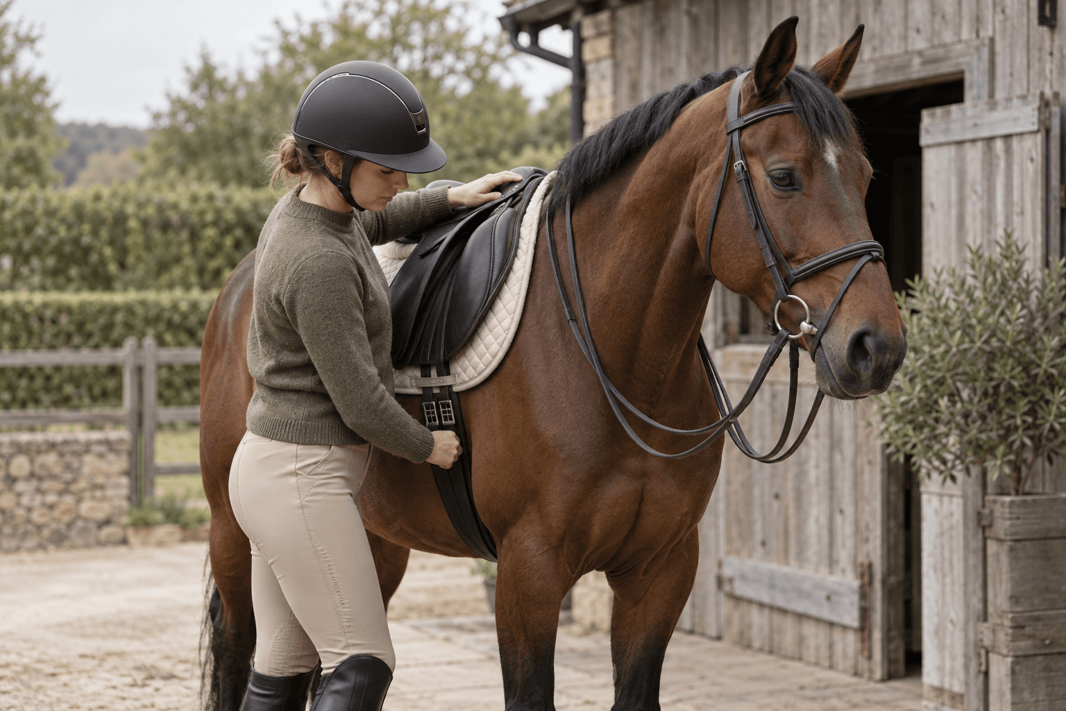 A rider preparing their horse for a training session.