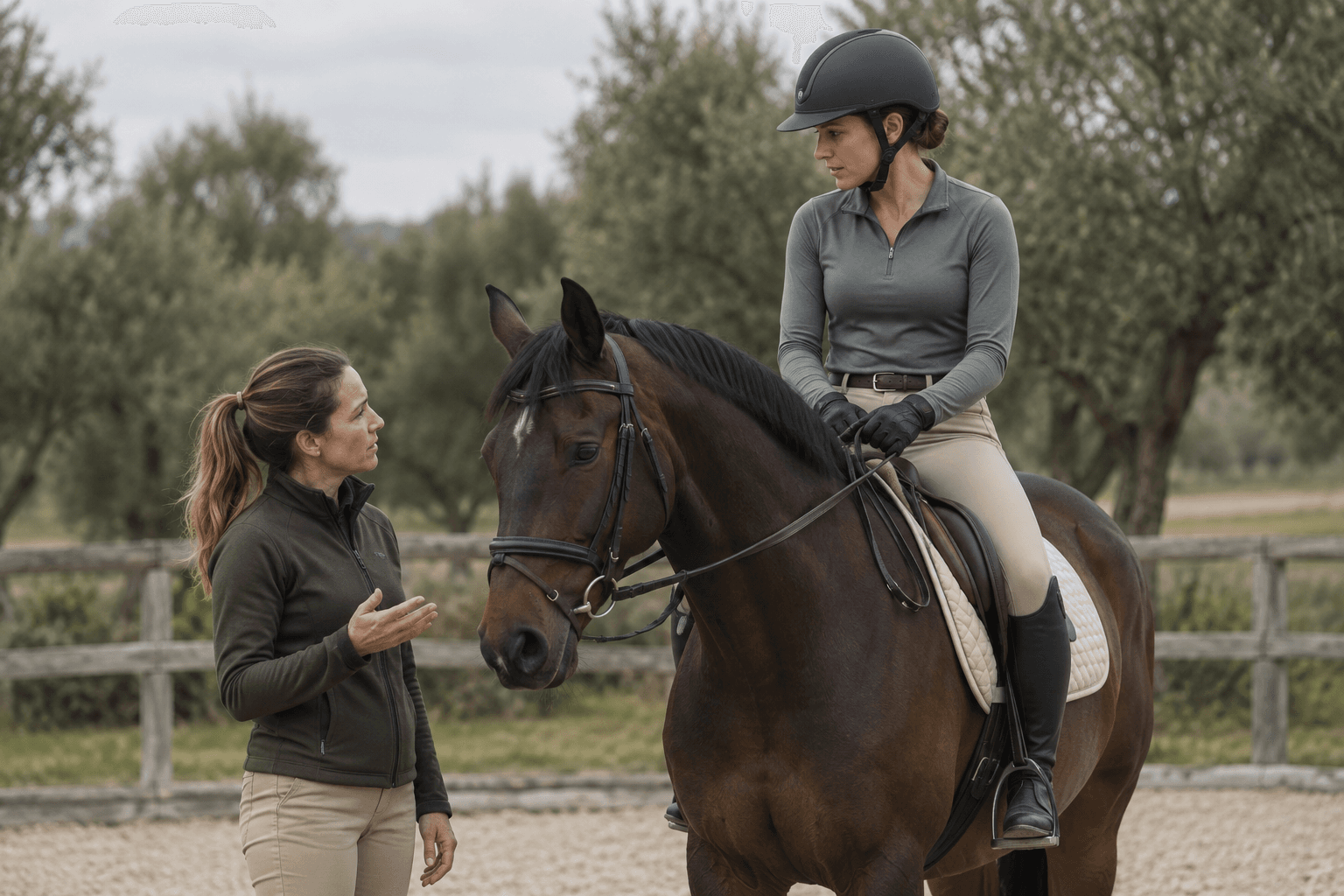 An instructor and a mounted rider discuss a lesson.