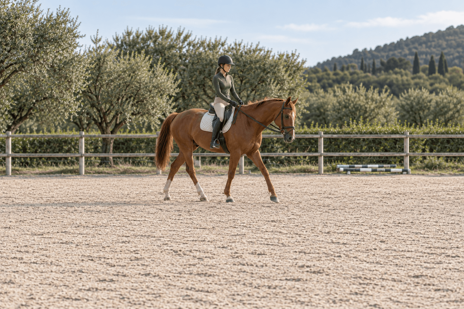 A helmeted rider and horse walking through the schooling arena.